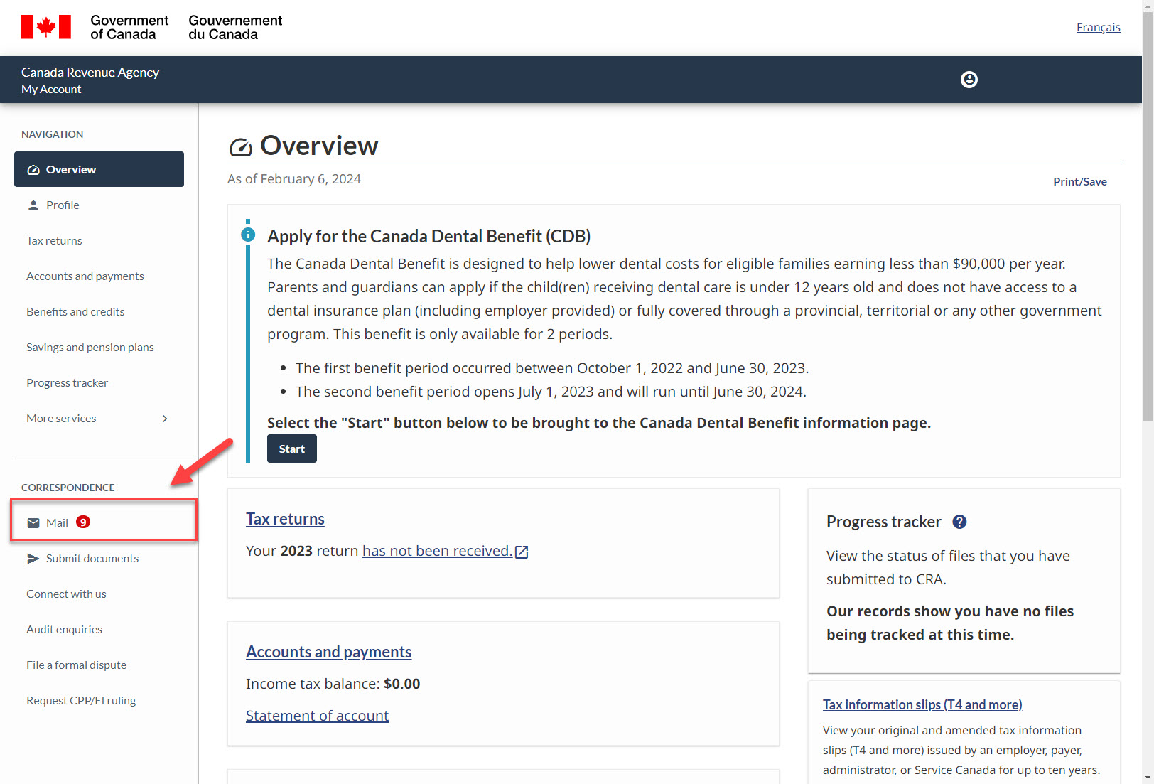 Select Mail under the Correspondence section on the left side of the page.