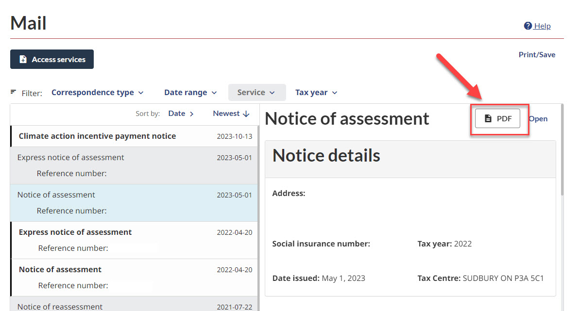 Find your most recent Notice of Assessment and select the PDF option.