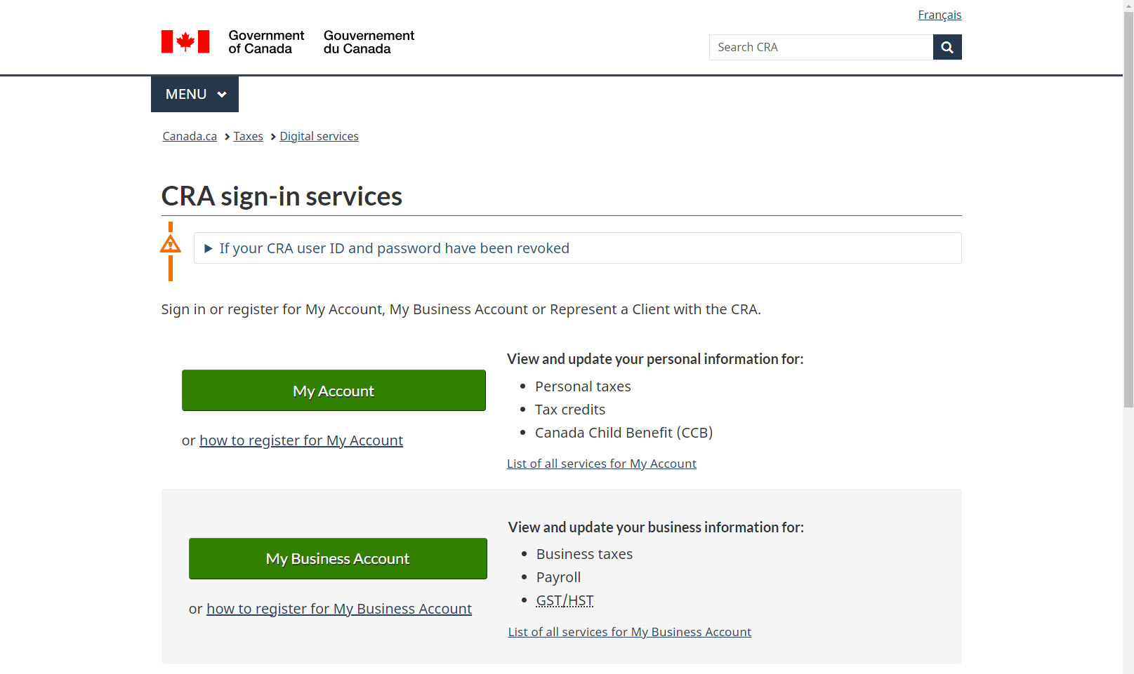 Sign-in to your CRA My Account online