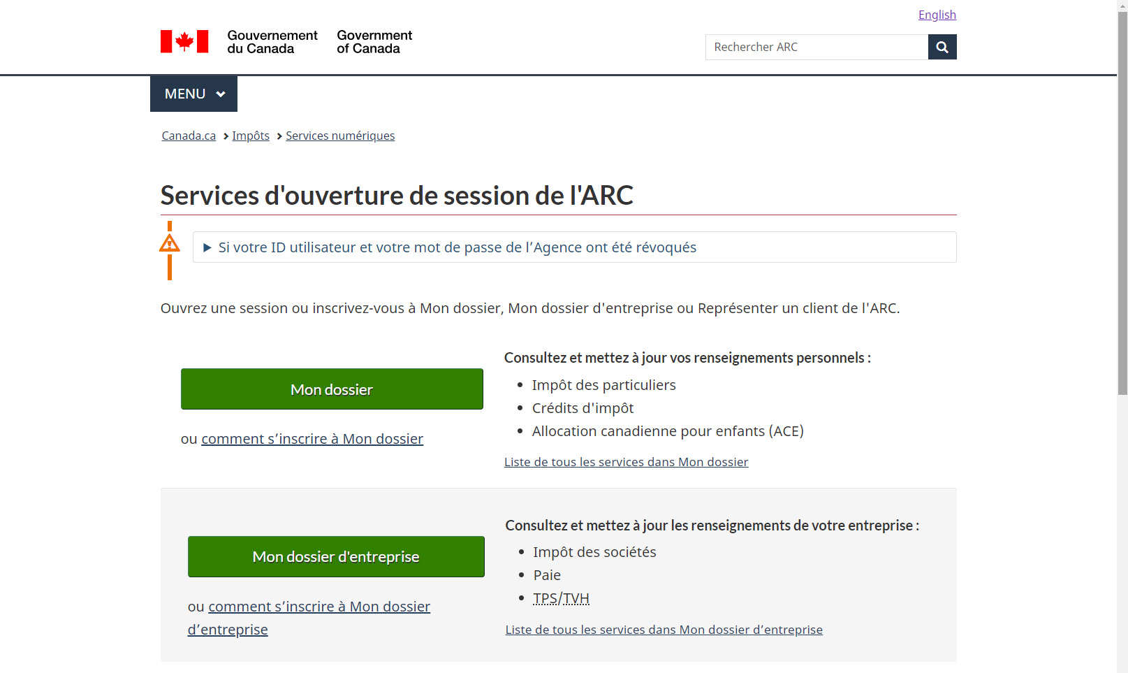 Connectez-vous à votre compte en ligne CRA Mon compte