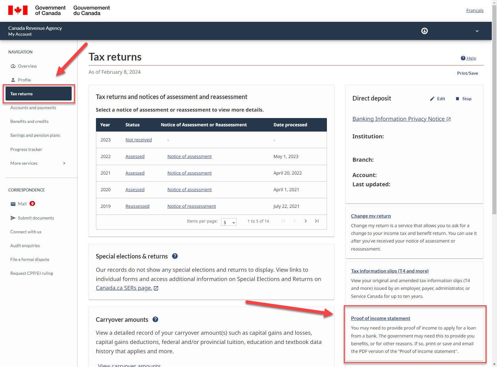 Select Tax Returns from the left navigation bar and select Proof of Income Statement.
