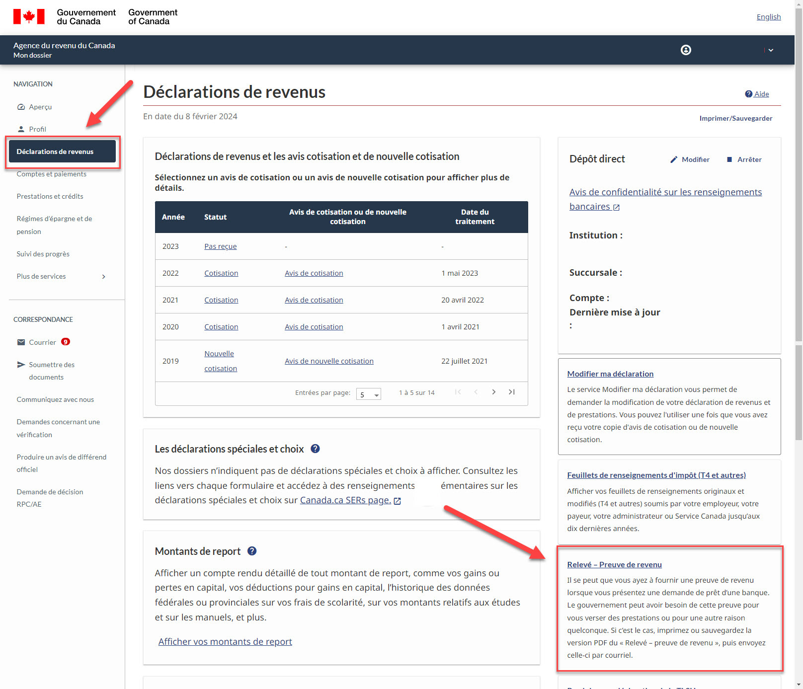 Sélectionnez Déclarations fiscales dans la barre de navigation de gauche et sélectionnez Preuve de la déclaration de revenus.