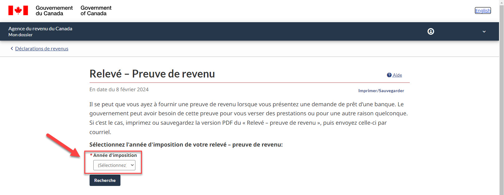 Sélectionner l'année fiscale